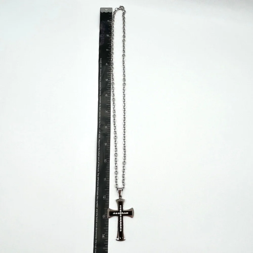 Gothic Stainless Steel Cross Pendant Black Enamel Rhinestone Necklace 24 Inch